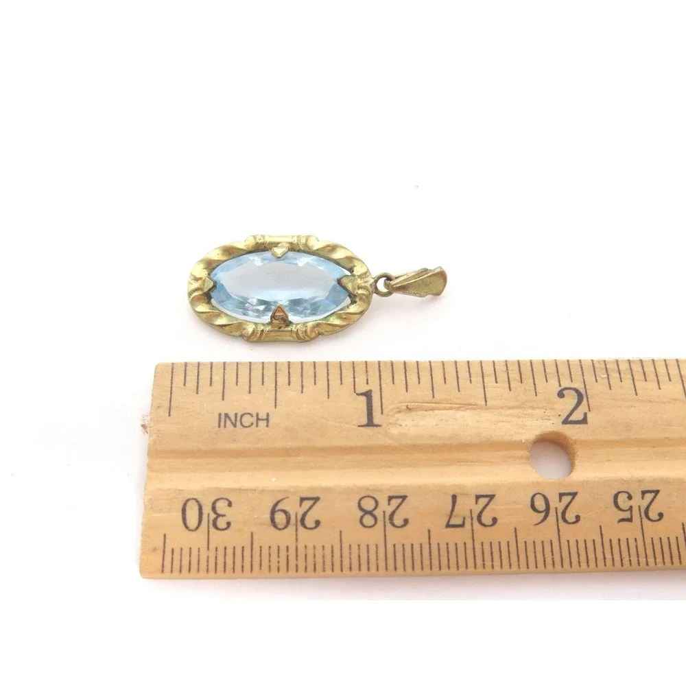 Stunning Vintage Old Art Deco Unfoiled Blue Glass Stone‎ Rhinestone Gold Pendant